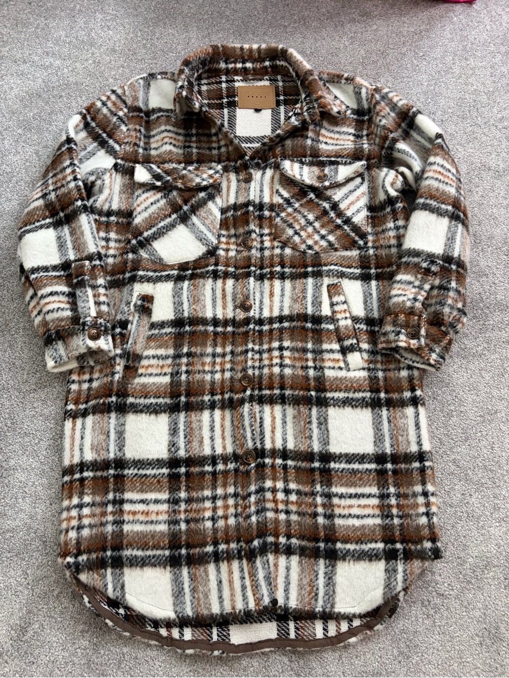 Blank NYC Plaid Shacket Jacket in Cream, Brown & Black